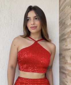 Cropped paetê frente única charlotte vermelho