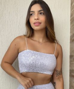 Top faixa com alça paetê branco