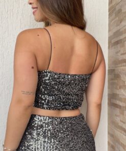 Top faixa com alça paetê preto com prata - Imagem 3
