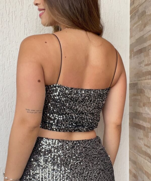 Top faixa com alça paetê preto com prata - Imagem 3