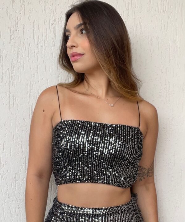 Top faixa com alça paetê preto com prata