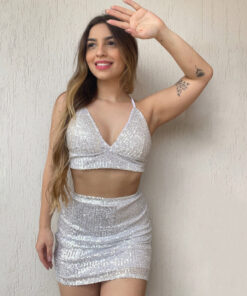 Conjunto Paetê Amarração Branco com Prata