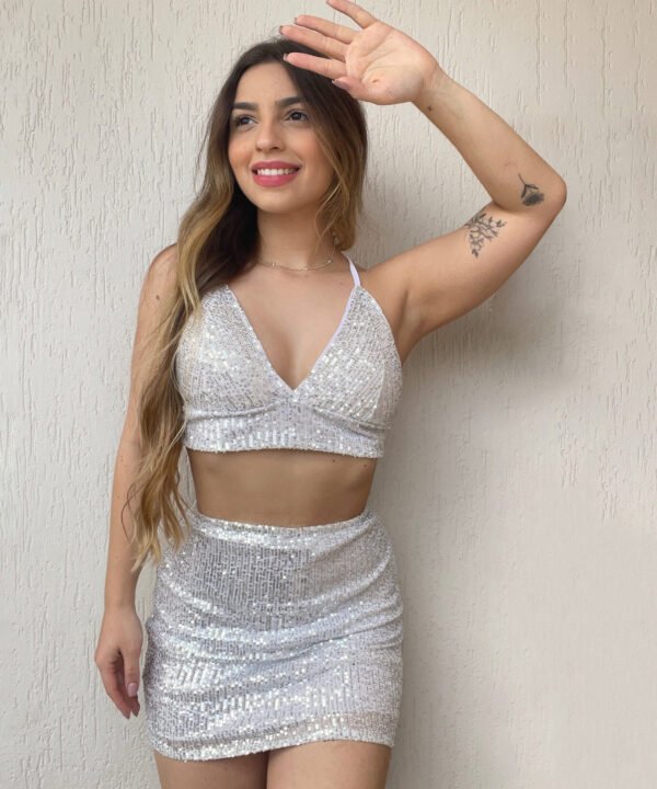 Conjunto Paetê Amarração Branco com Prata