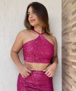Cropped paetê frente única charlotte pink carnaval