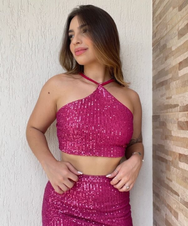 Cropped paetê frente única charlotte pink carnaval