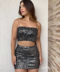Conjunto paetê top faixa com alça preto com prata