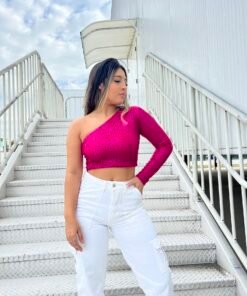 Cropped Paetê Manga Única Rosa Pink