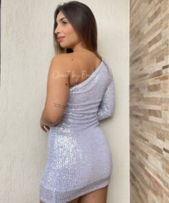 Alternative view of Vestido paetê branco com prata manga única