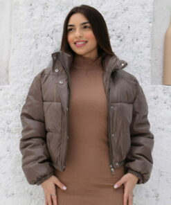 Jaqueta Puffer Preta PU Marrom