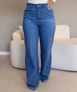 Calça Jeans Brilho Lavagem Escura Wide Leg Com Aplicações de Strass