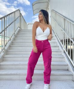 Calça jeans cargo pink