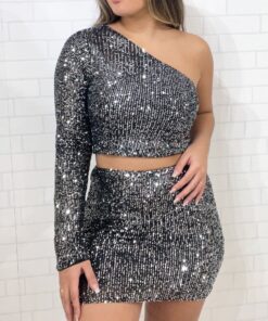 Conjunto paetê manga única preto com prata